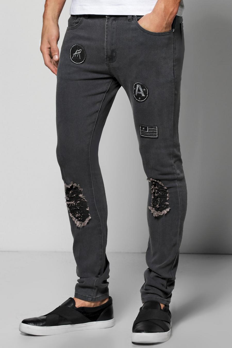 Charcoal Skinny Fit Ripped Jeans With Badges image number 1