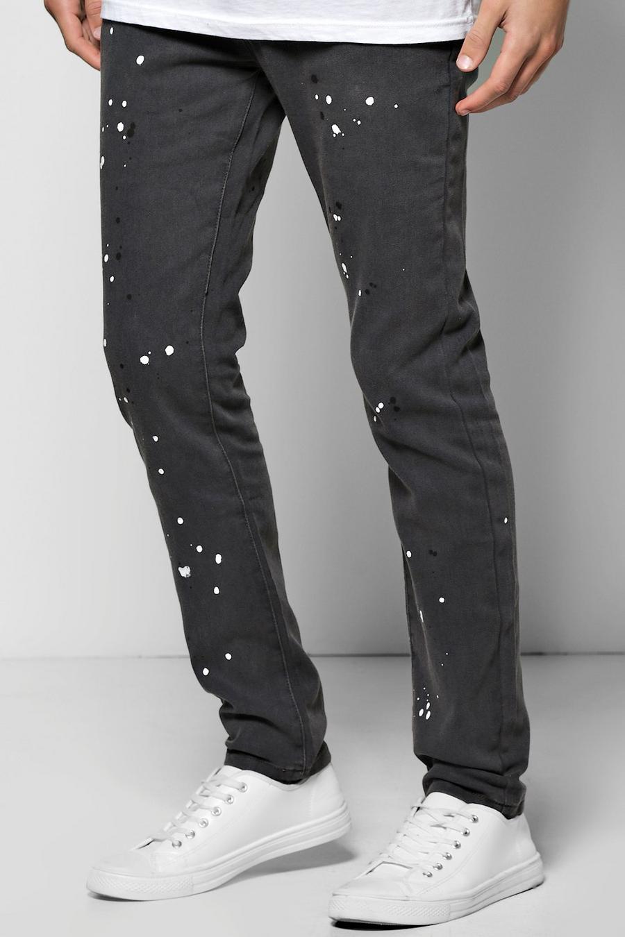 Charcoal Skinny Fit Paint Splattered Jeans image number 1