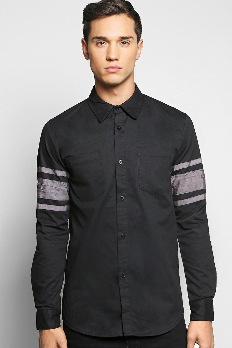 Hemd aus Baumwolle und Twill mit gestreiften Ärmeln, Schwarz noir image number 1