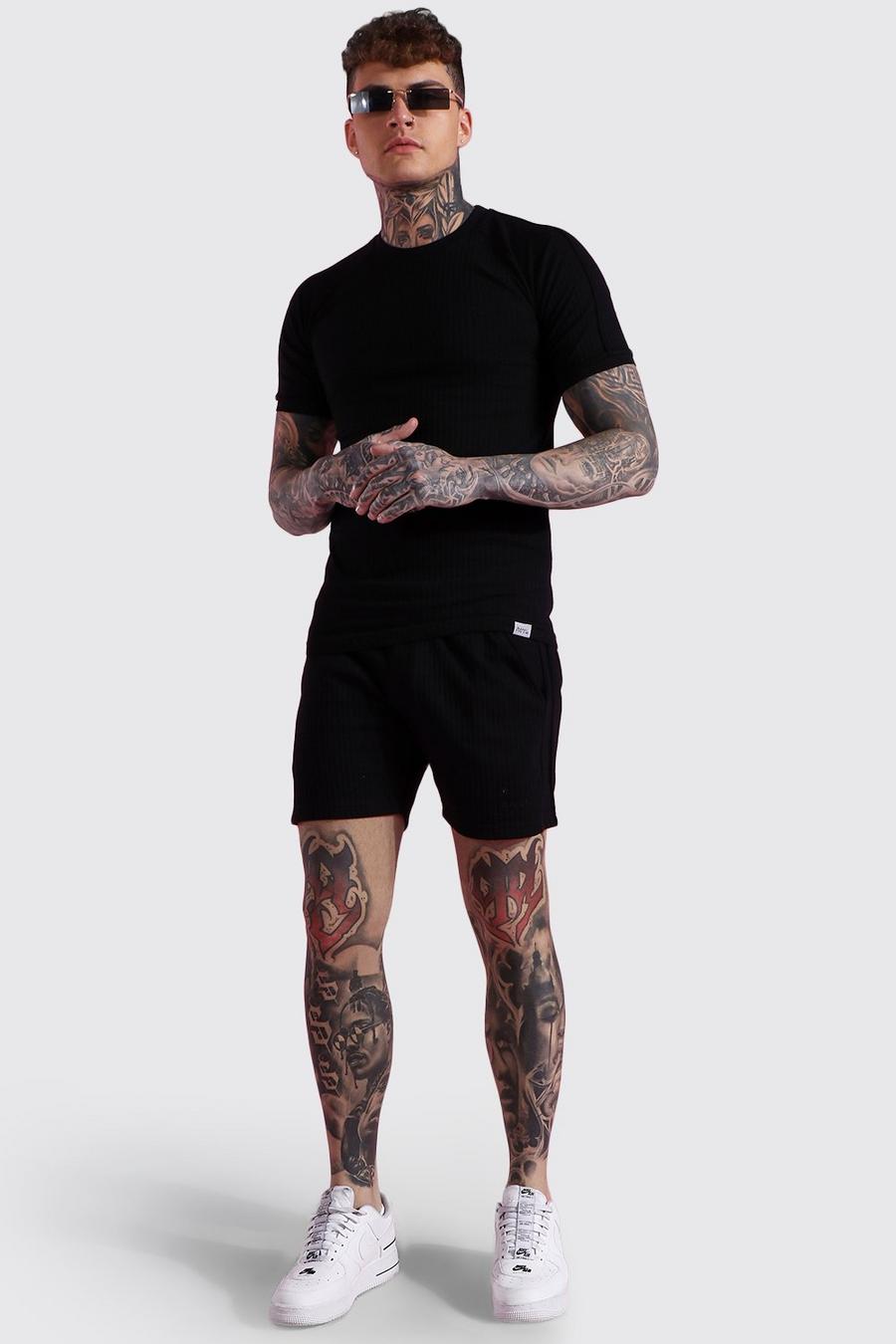 Black Jacquard Muscle Fit T-Shirt En Shorts Set image number 1