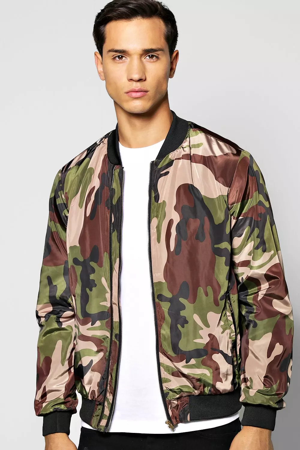 Boohooman jacket clearance in khaki camo