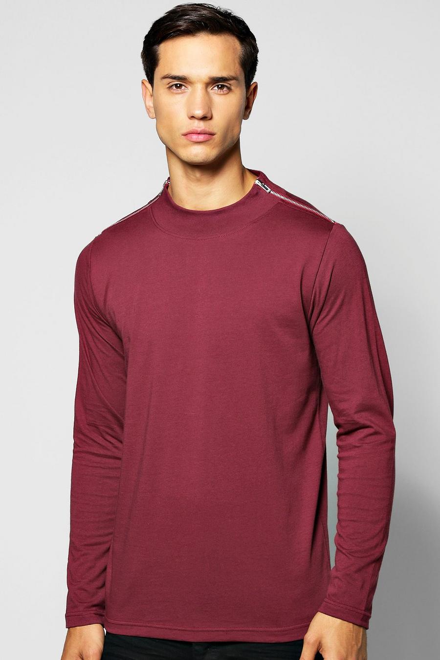 Langärmeliges T-Shirt mit Stehkragen und Reißverschluss, Burgunderrot red image number 1