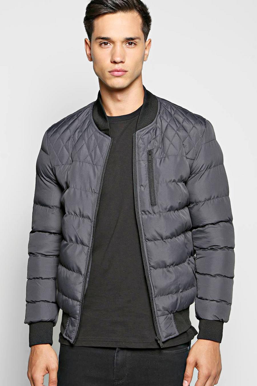 Charcoal gris All Over Quilted Bomber Jacket With Chest Zip image number 1