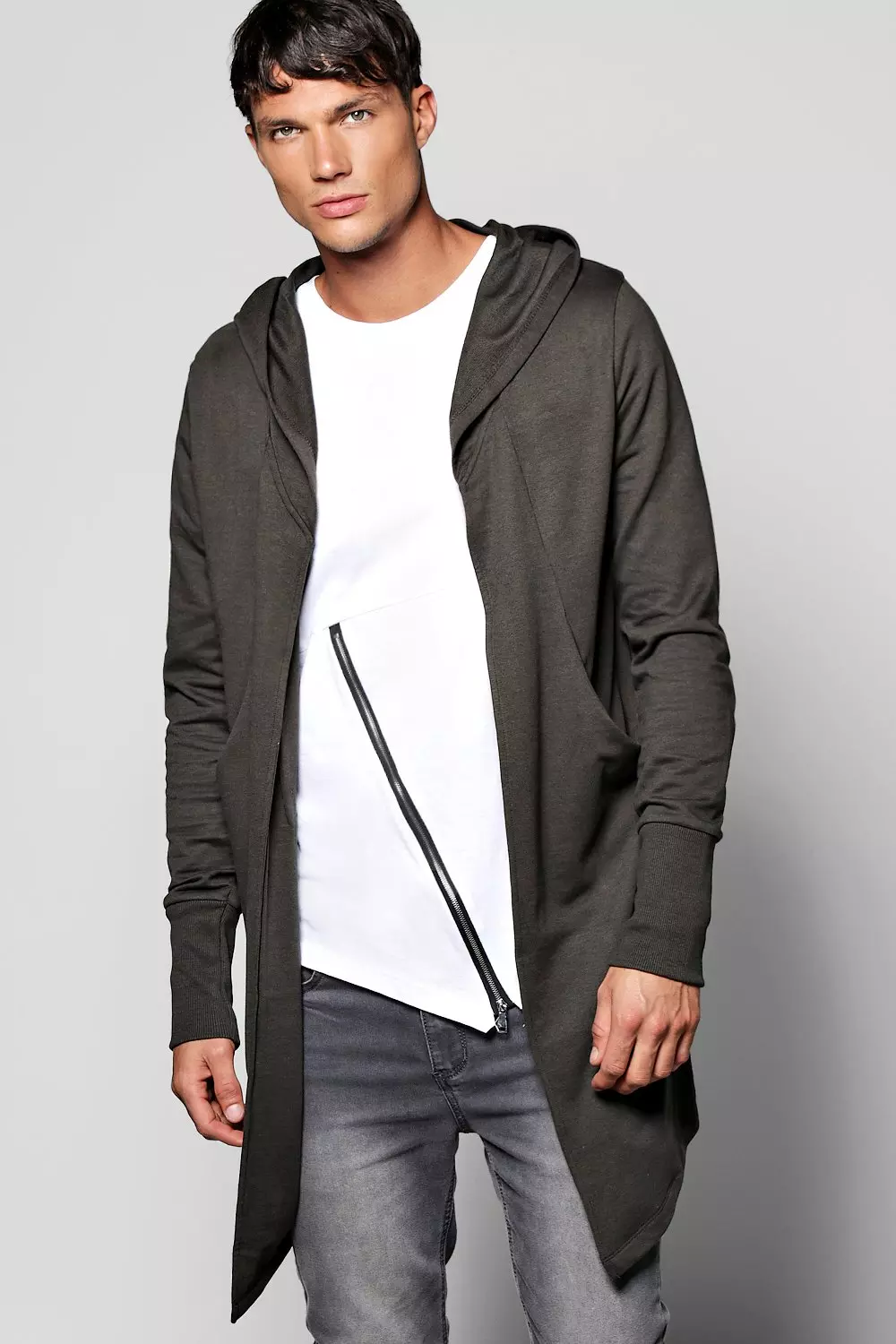 Olive Longline Hooded Cardigan With Extended Cuff alternative image