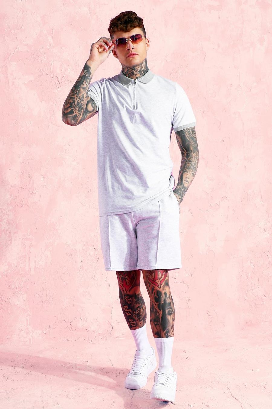 Grey marl Short Sleeve Jersey Polo And Shorts Set image number 1