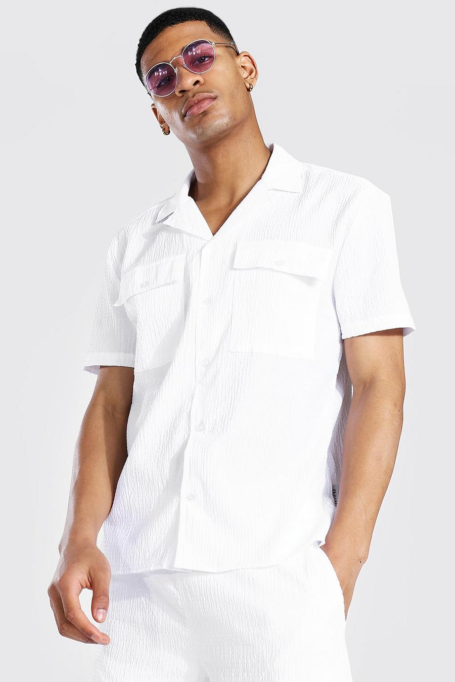 White Short Sleeve Revere Collar Seersucker Shirt Set image number 1
