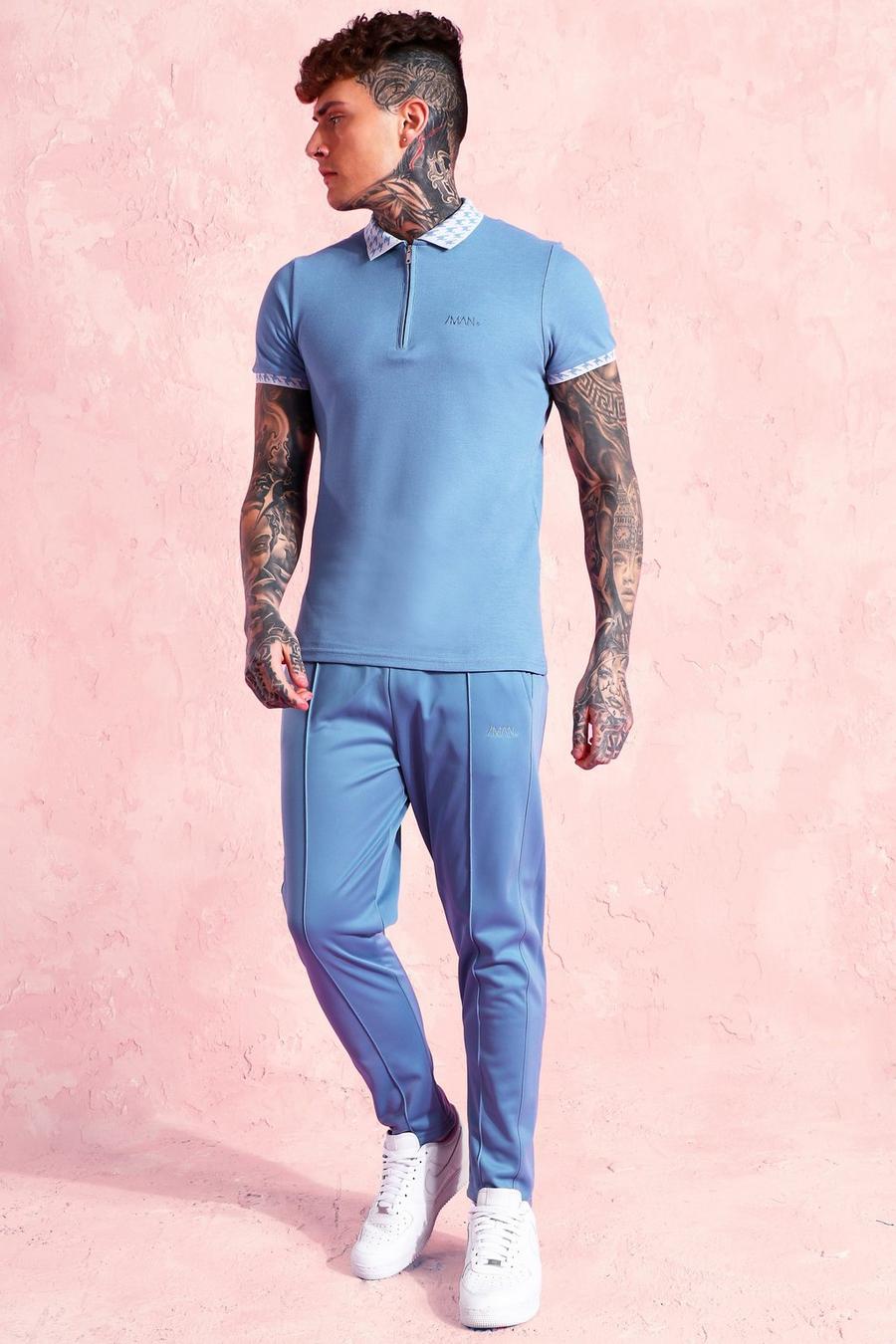 כחול מאובק סט מכנסי ריצה וחולצת פולו מבד פיקה ג'רסי עם שרוולים קצרים image number 1