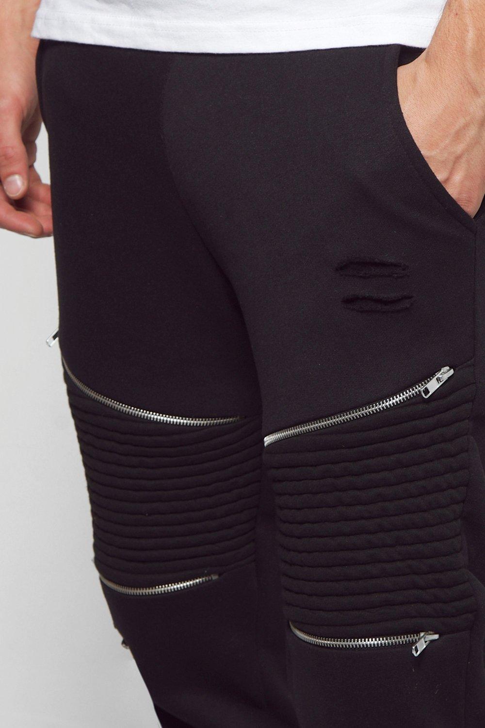 Skinny Fit Biker Track Pants With Rips And Zips