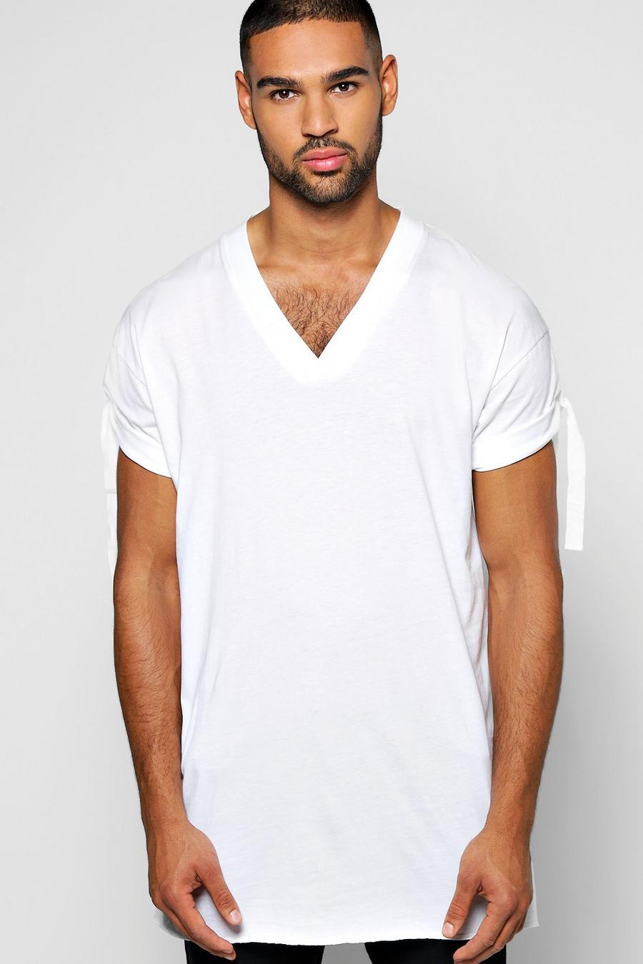 Länger geschnittenes T-Shirt mit Umschlägen, Weiß white image number 1