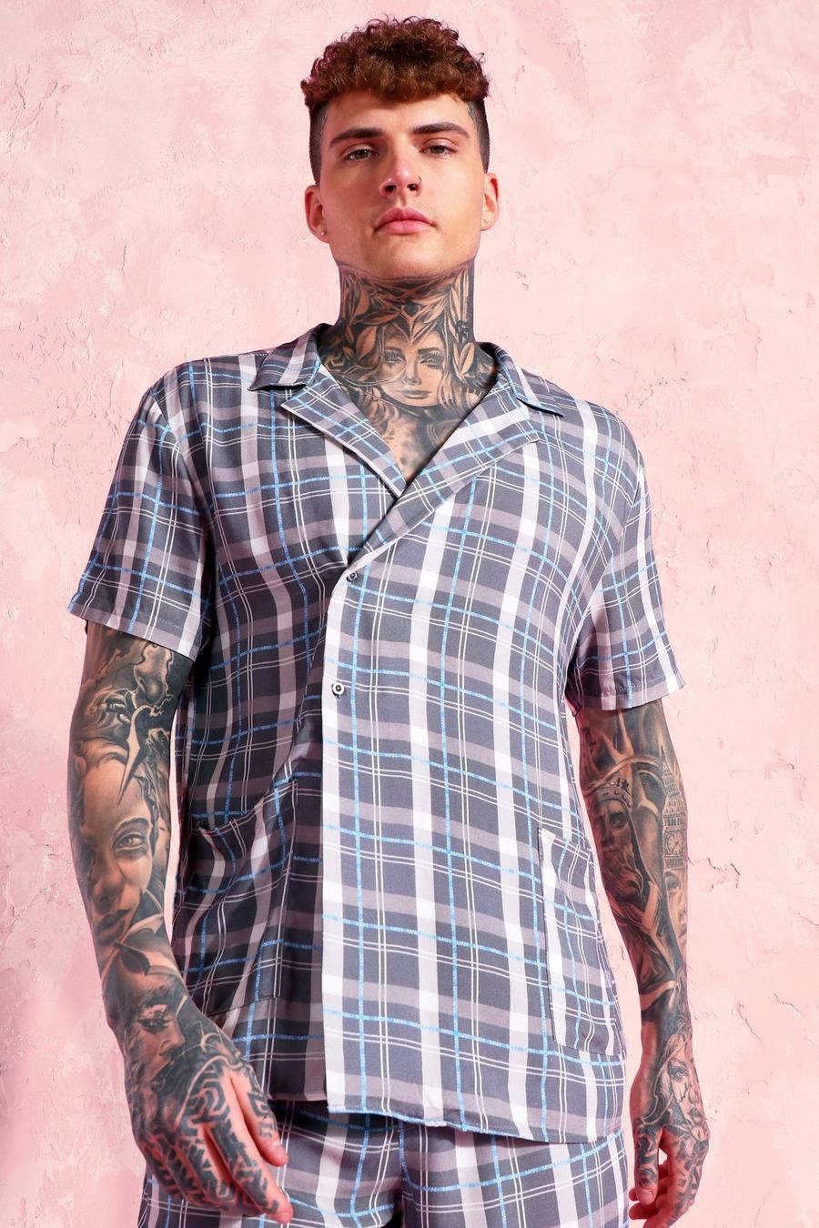 Chemise à carreaux à manches courtes avec col tailleur , Gris image number 1