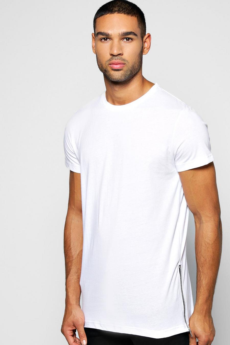 Körperbetontes T-Shirt in Skaterlänge mit seitlichen Reißverschlüssen, Weiß blanc image number 1