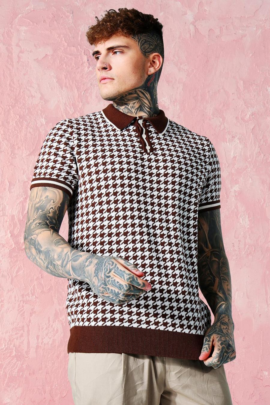 Brown Short Sleeve Dogtooth Knitted Polo image number 1