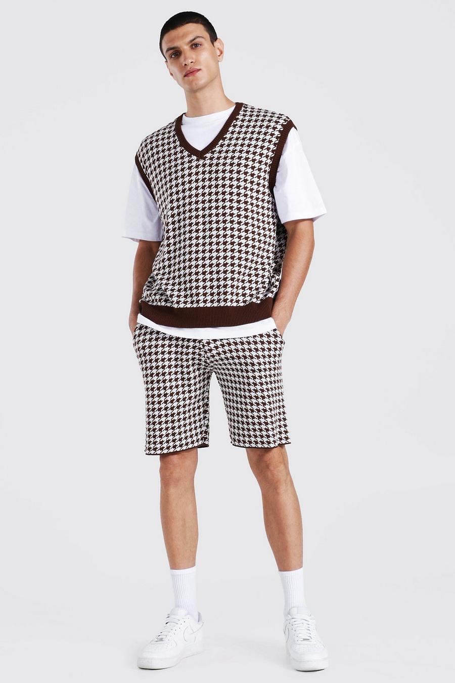Brown Dogtooth Knitted Tank Top And Shorts Set image number 1