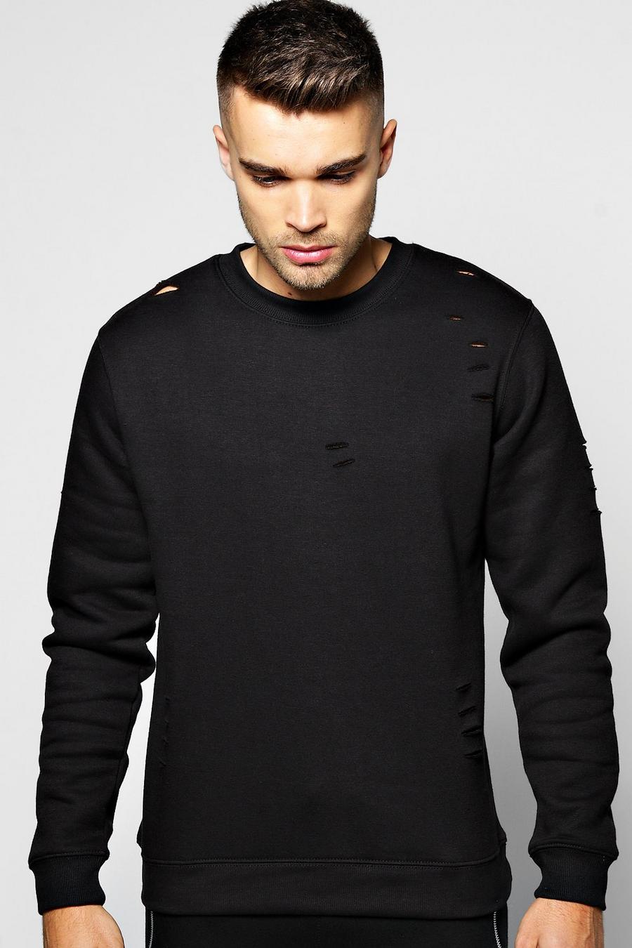 Black Crew Neck Sweatshirt With Slashes image number 1