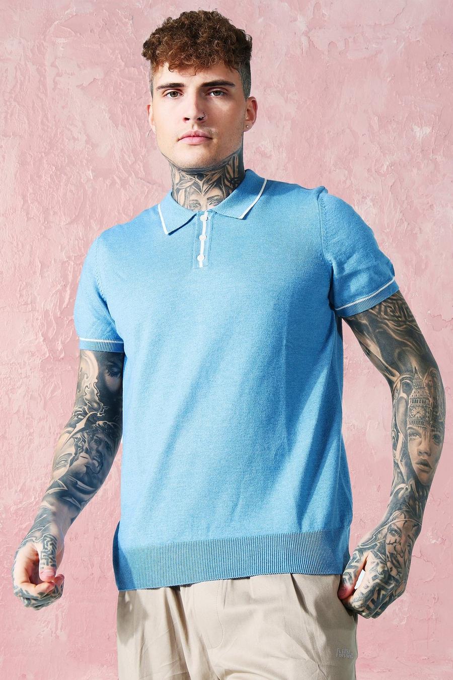 Dusty blue Short Sleeve Knitted Polo With Tipping image number 1