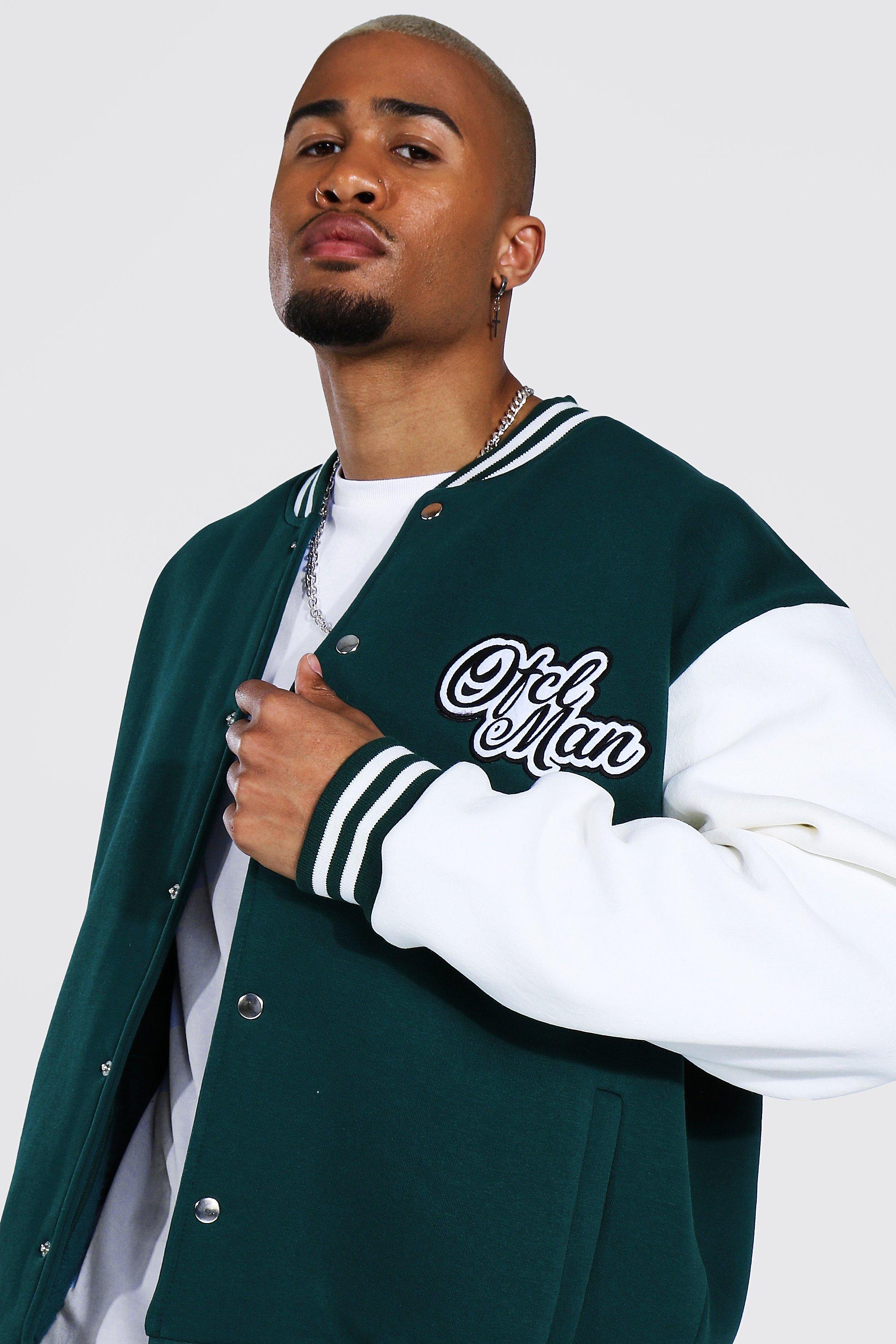 varsity bomber jacket green