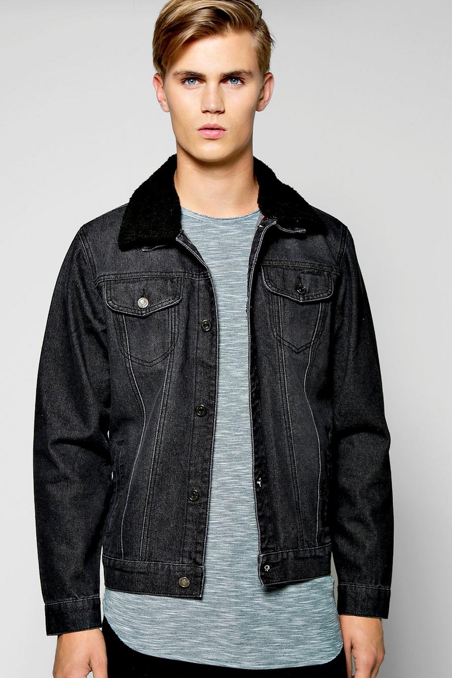 veste en jean noire délavée à col borg, Noir image number 1
