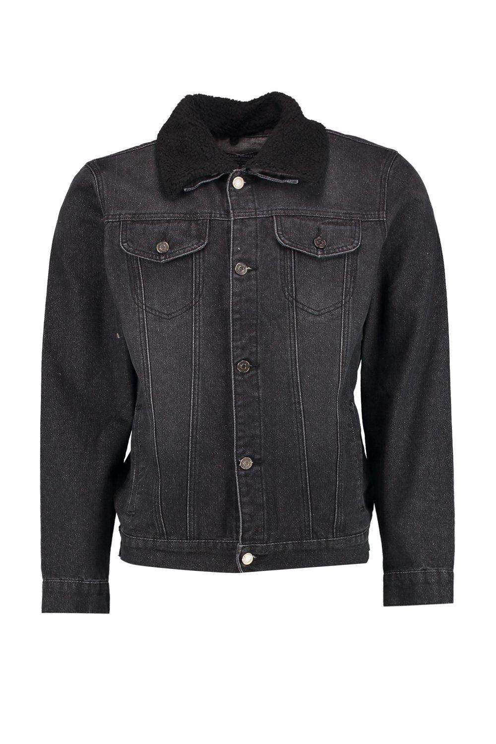 Borg Collar Washed Black Denim Jacket boohoo NO