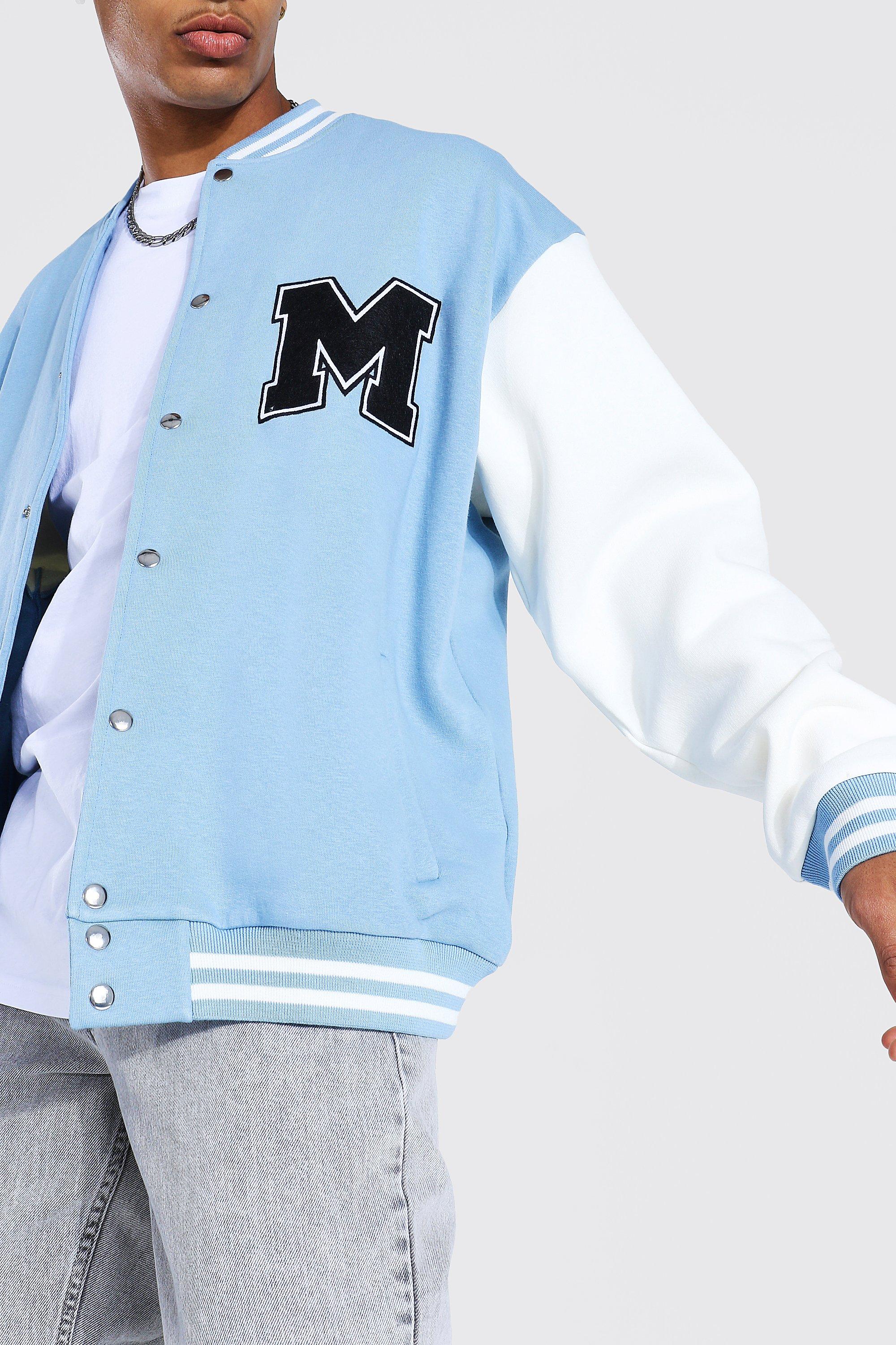 GORGLITTER Men's Letter Patch Color Block Baseball Bomber Jacket Button  Front Long Sleeve Varsity Jackets with Pockets Blue and White Small at   Men's Clothing store