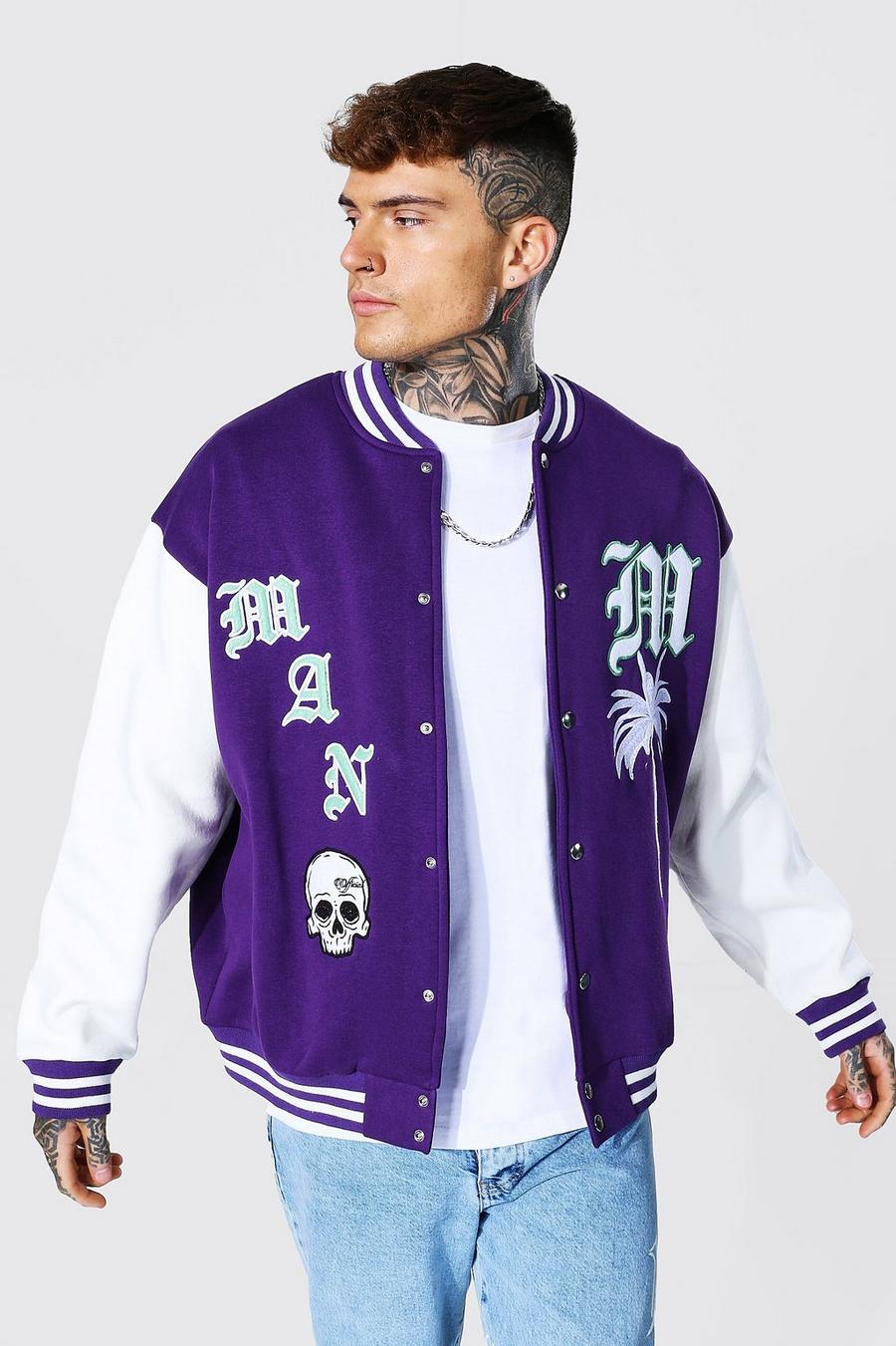 Purple Jersey Varsity Bomber Jacket With Skull Badge image number 1