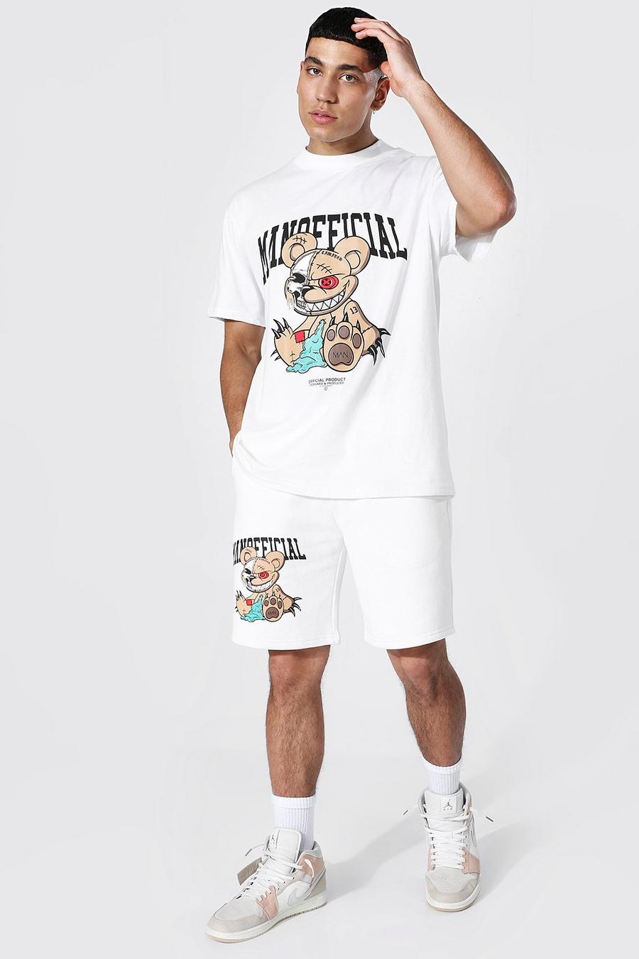 Ecru Oversized Teddy Rhinestone T-Shirt En Shorts Set image number 1