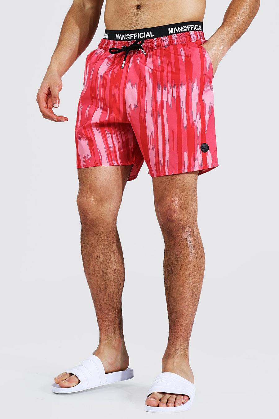 Red Man Waistband Tie Dye Mid Length Swim Shorts image number 1