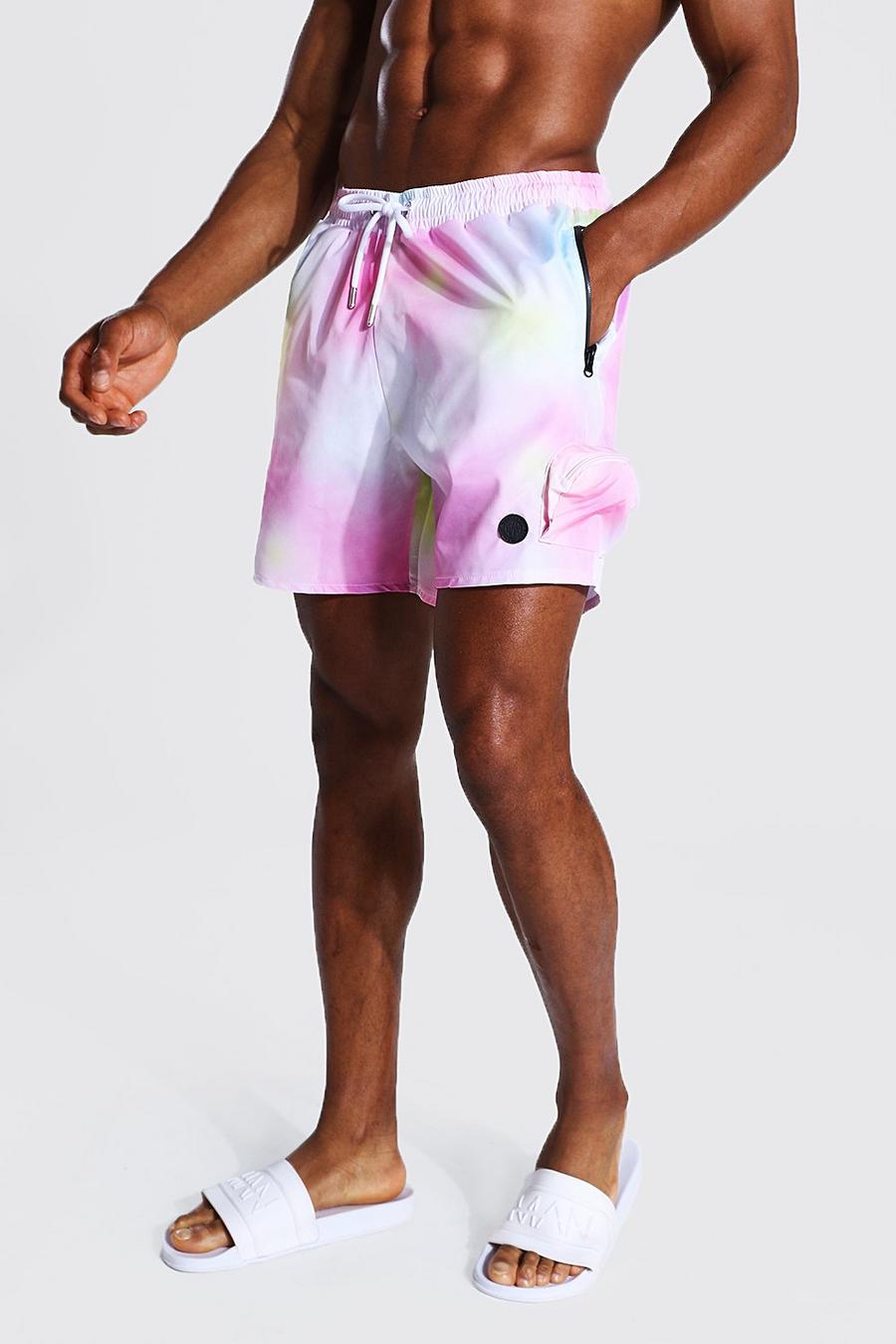 Costume a pantaloncino di media lunghezza effetto tie-dye con tasche 3d, Viola image number 1
