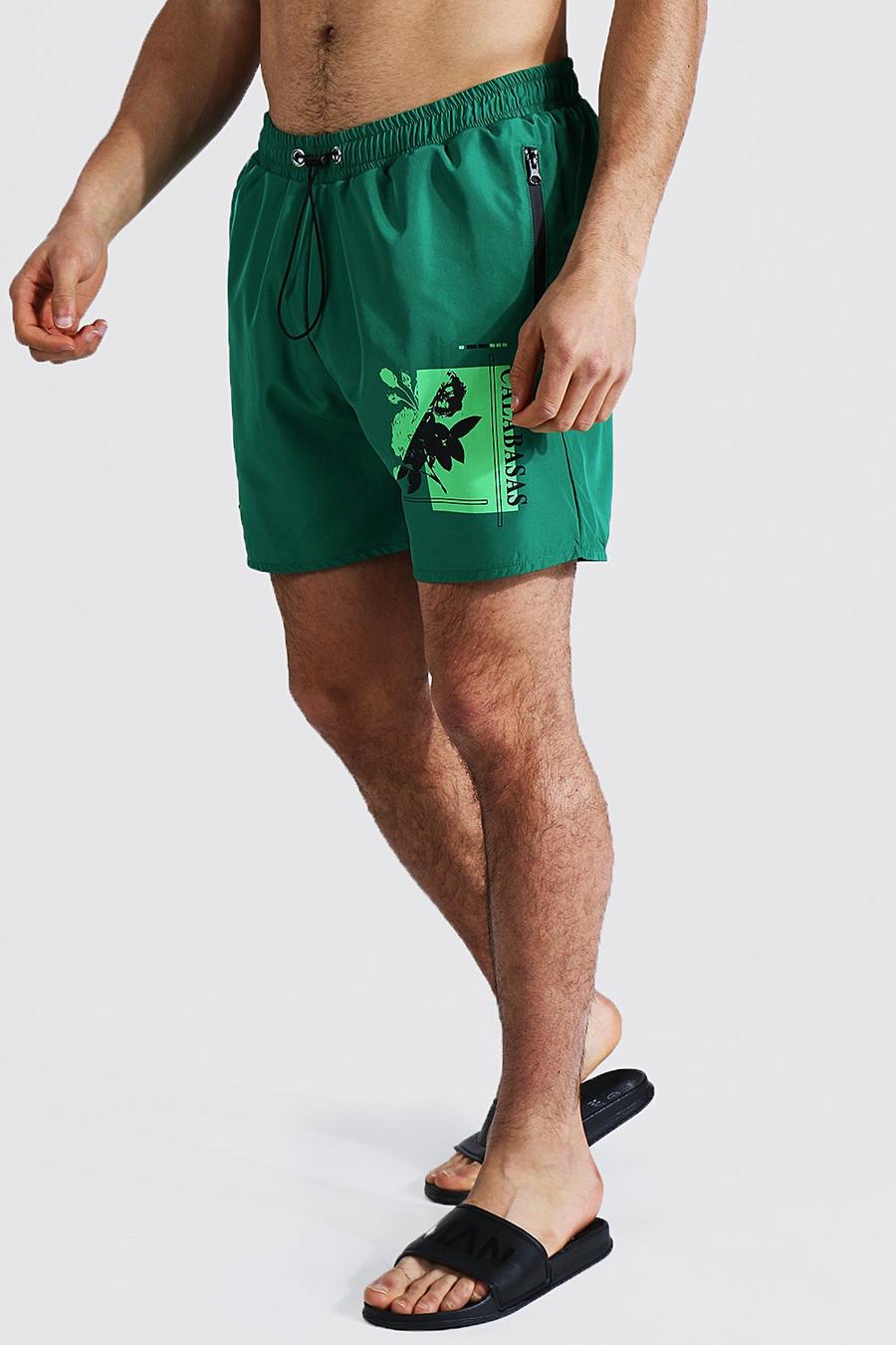 Green Palm Graphic Placement Mid Length Swim Shorts image number 1