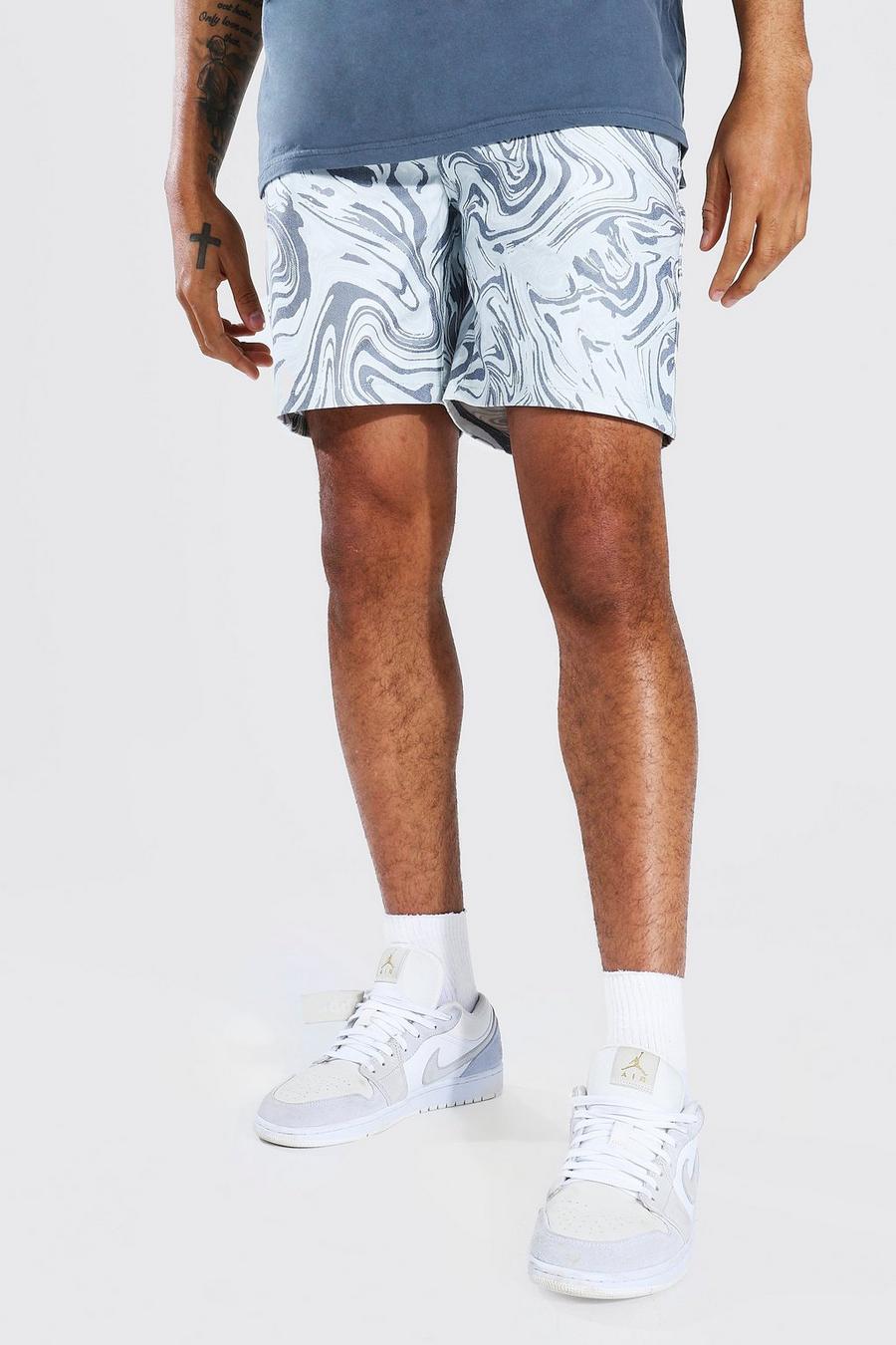 White Relaxed Fit Marble Print Denim Short image number 1