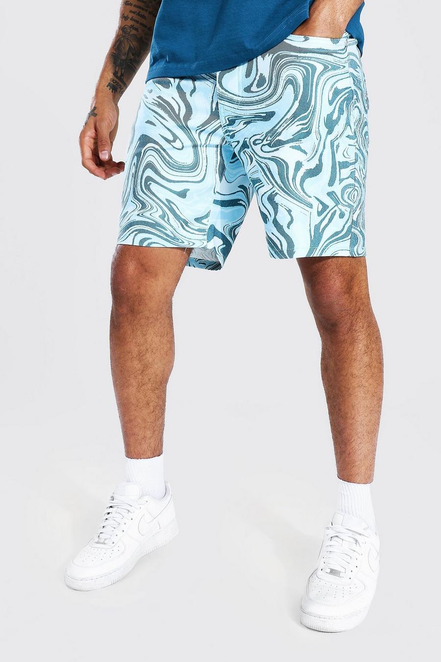 Blue Relaxed Fit Marble Print Denim Short image number 1