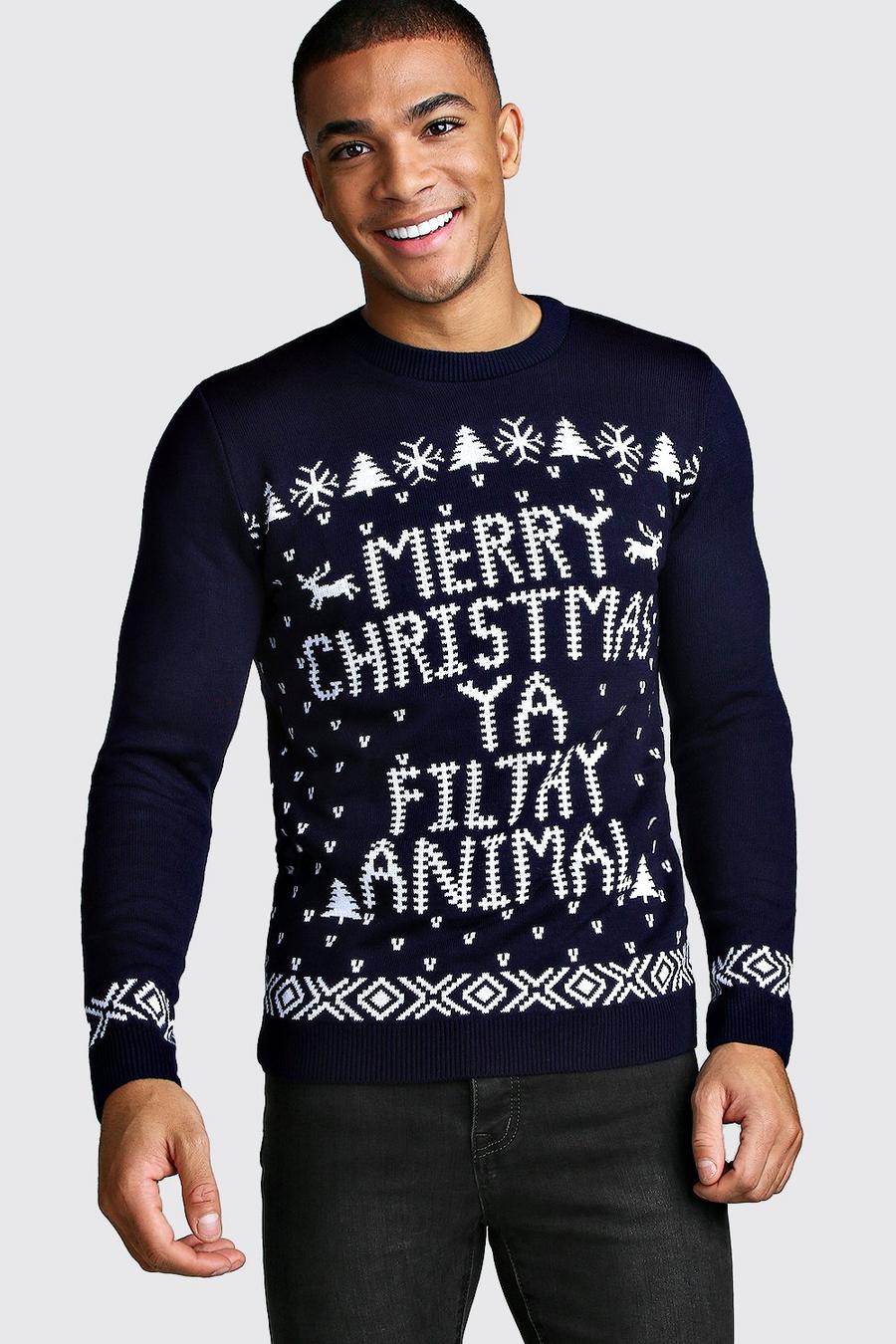 Weihnachtspullover mit „Ya Filthy Animal“-Slogan, Marineblau image number 1
