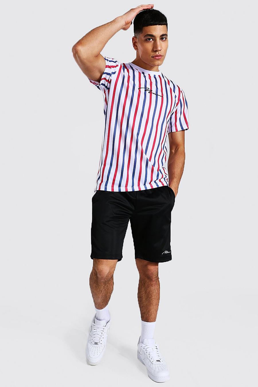 Man Slim Fit gestreiftes T-Shirt & Shorts Set, Red image number 1