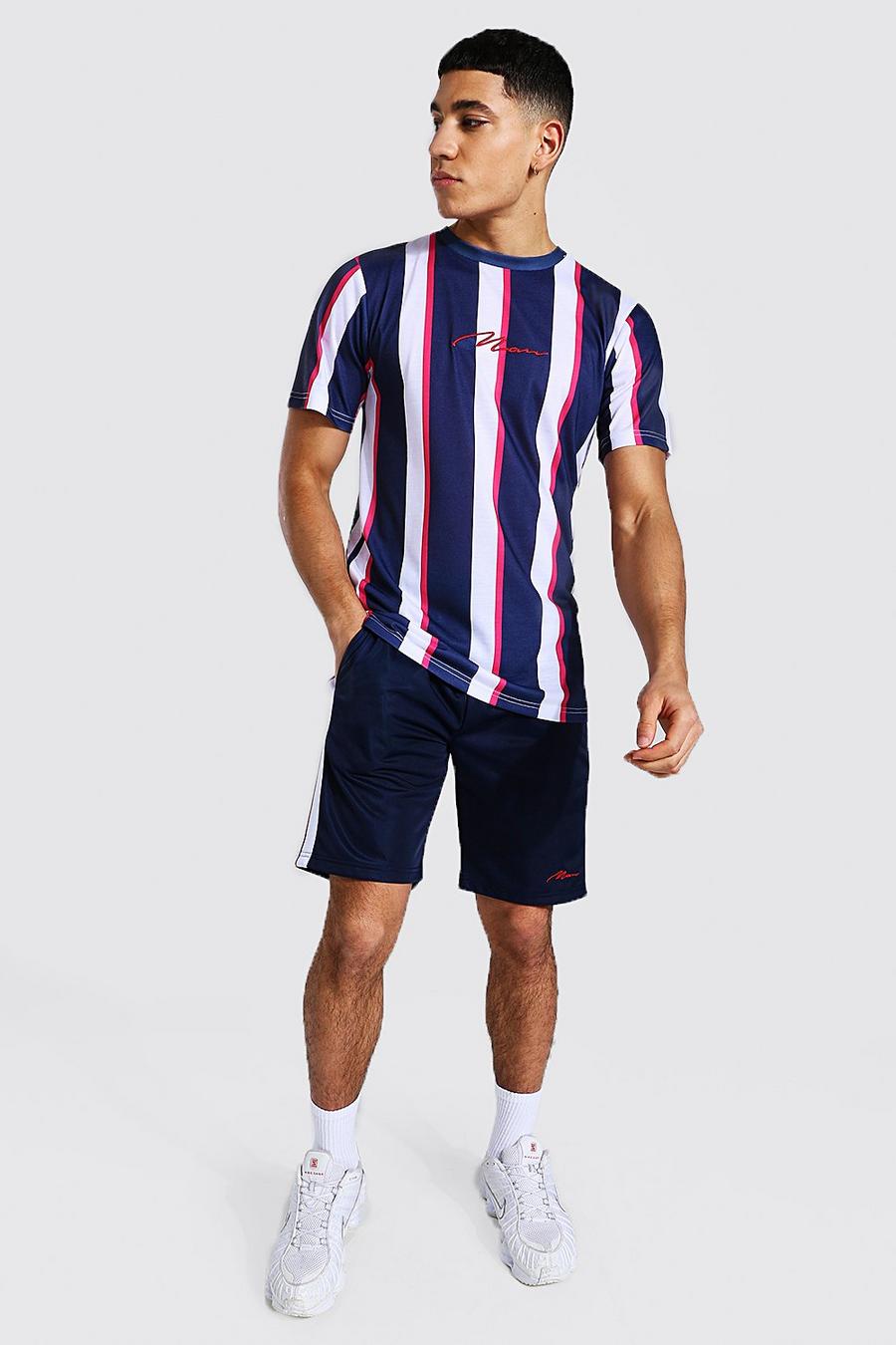 Man Slim Fit gestreiftes T-Shirt & Shorts Set, Navy image number 1