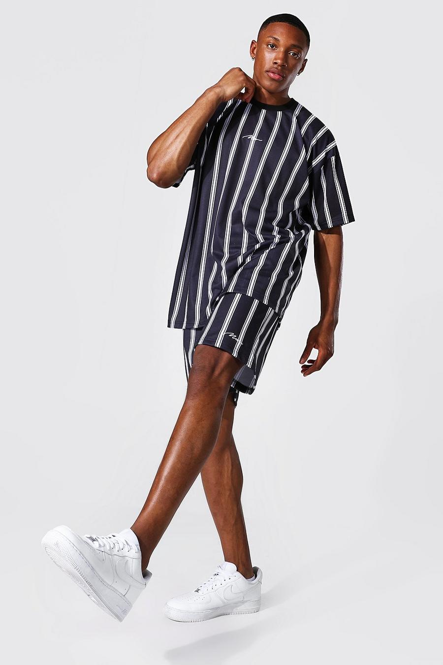 Black Man Oversized Gestreept T-Shirt En Shorts Set image number 1
