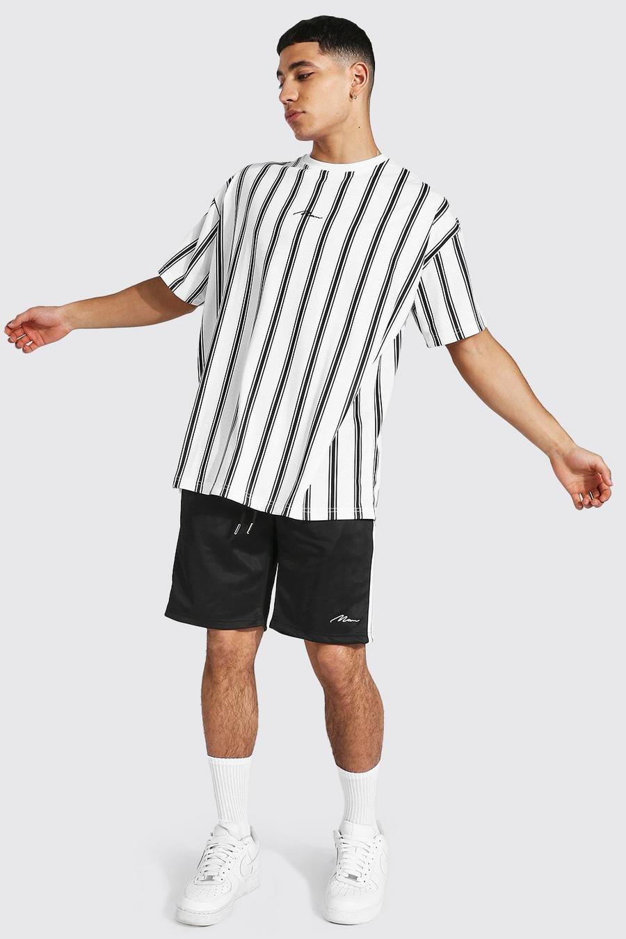 Conjunto de pantalones cortos de punto y camiseta ancha con raya MAN, Blanco image number 1