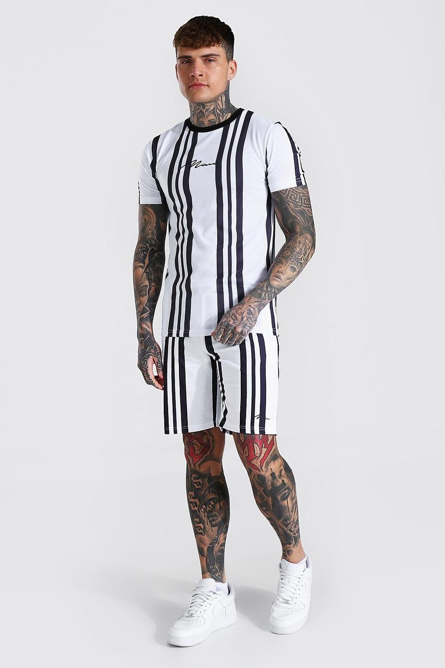 White Muscle Fit Man Stripe T-shirt & Short Set image number 1