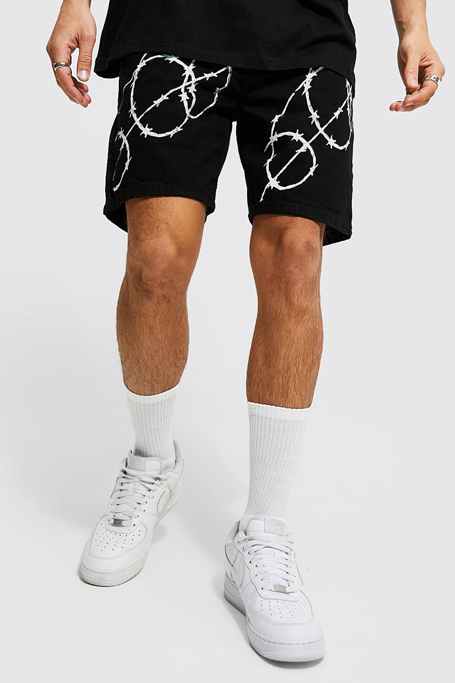 Relaxed Fit Jeansshort mit Stacheldraht Print, True black image number 1