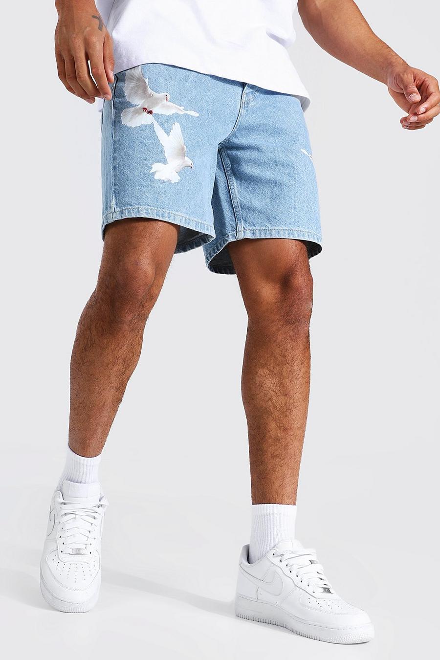 Relaxed Fit Jeansshorts mit Tauben-Print , Ice blue image number 1