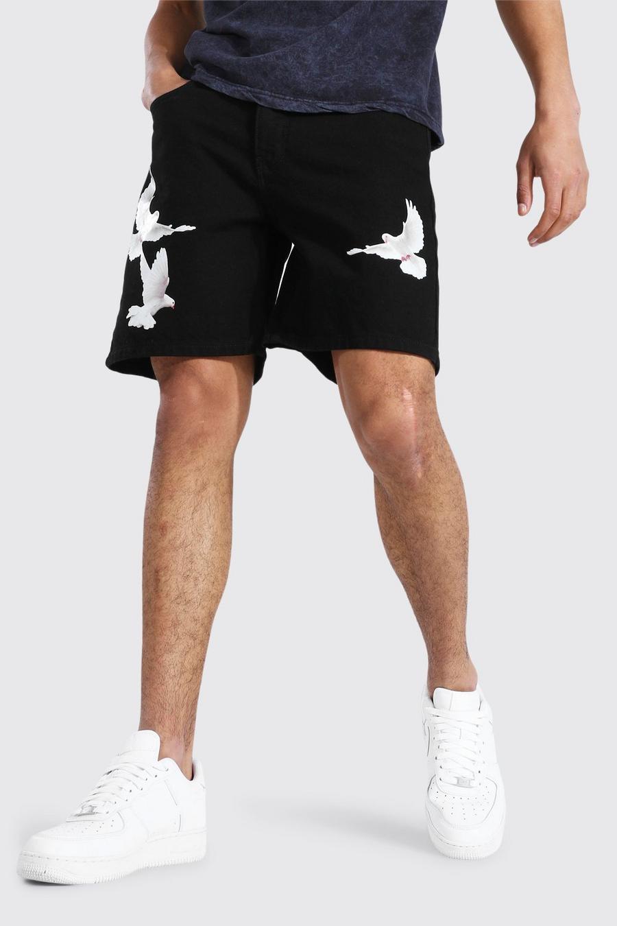 Relaxed Fit Jeansshorts mit Tauben-Print , True black image number 1