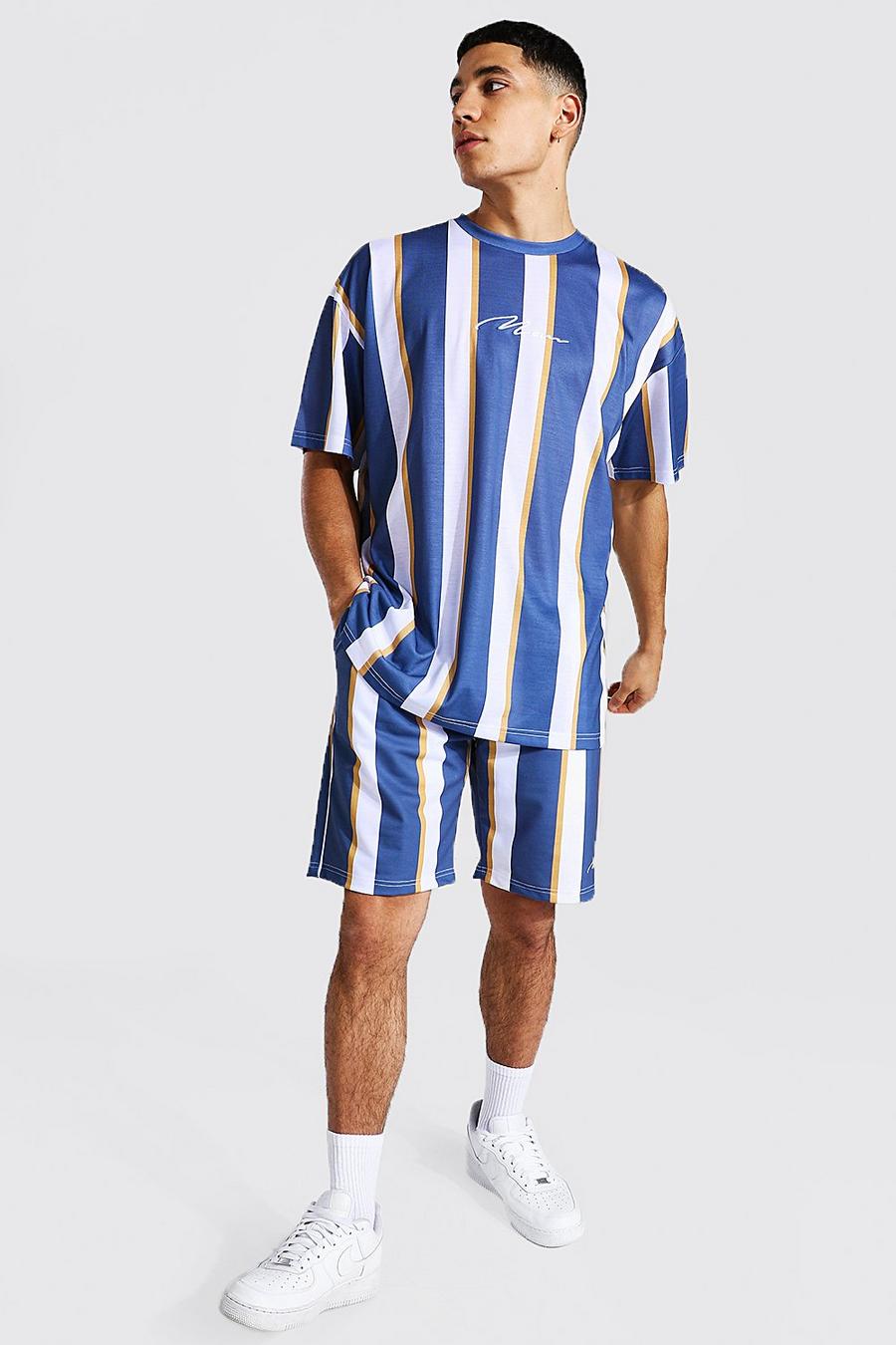 Übergroßes Man Set mit gestreiftem T-Shirt und Shorts, Blau image number 1