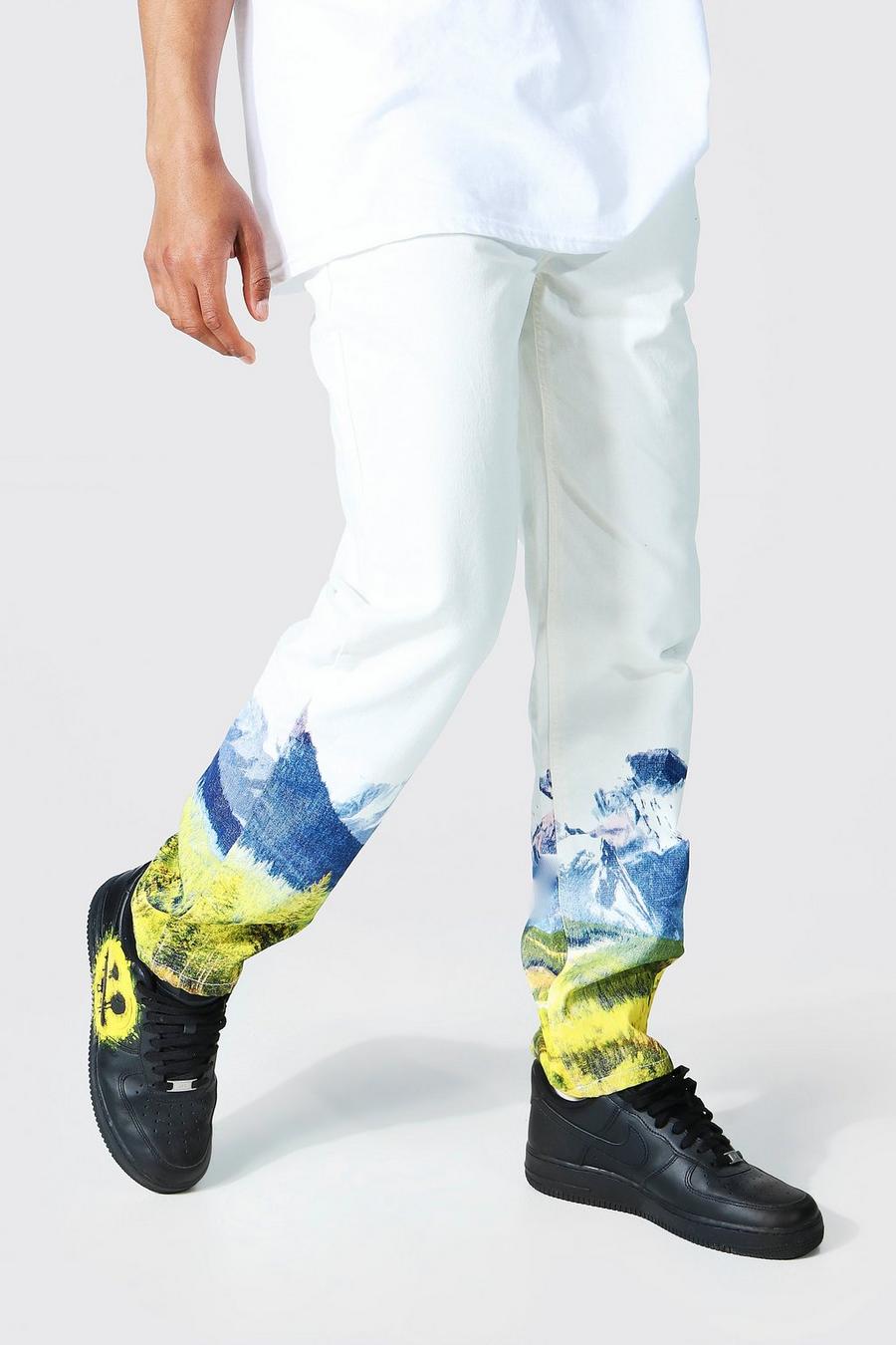 Ecru Relaxed Fit Rigid Mountain Print Jeans image number 1