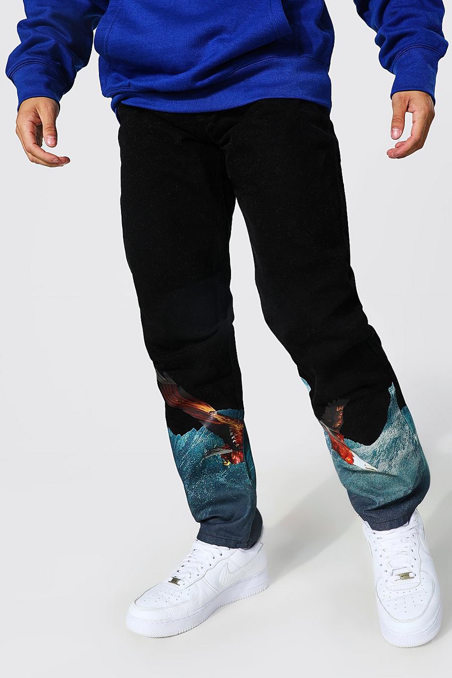True black Relaxed Fit Rigid Eagle Print Jeans image number 1