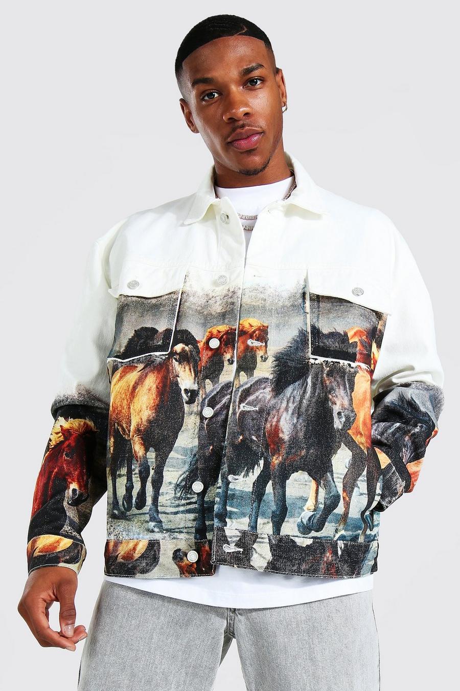 Ecru Oversized Horse Print Denim Jacket image number 1