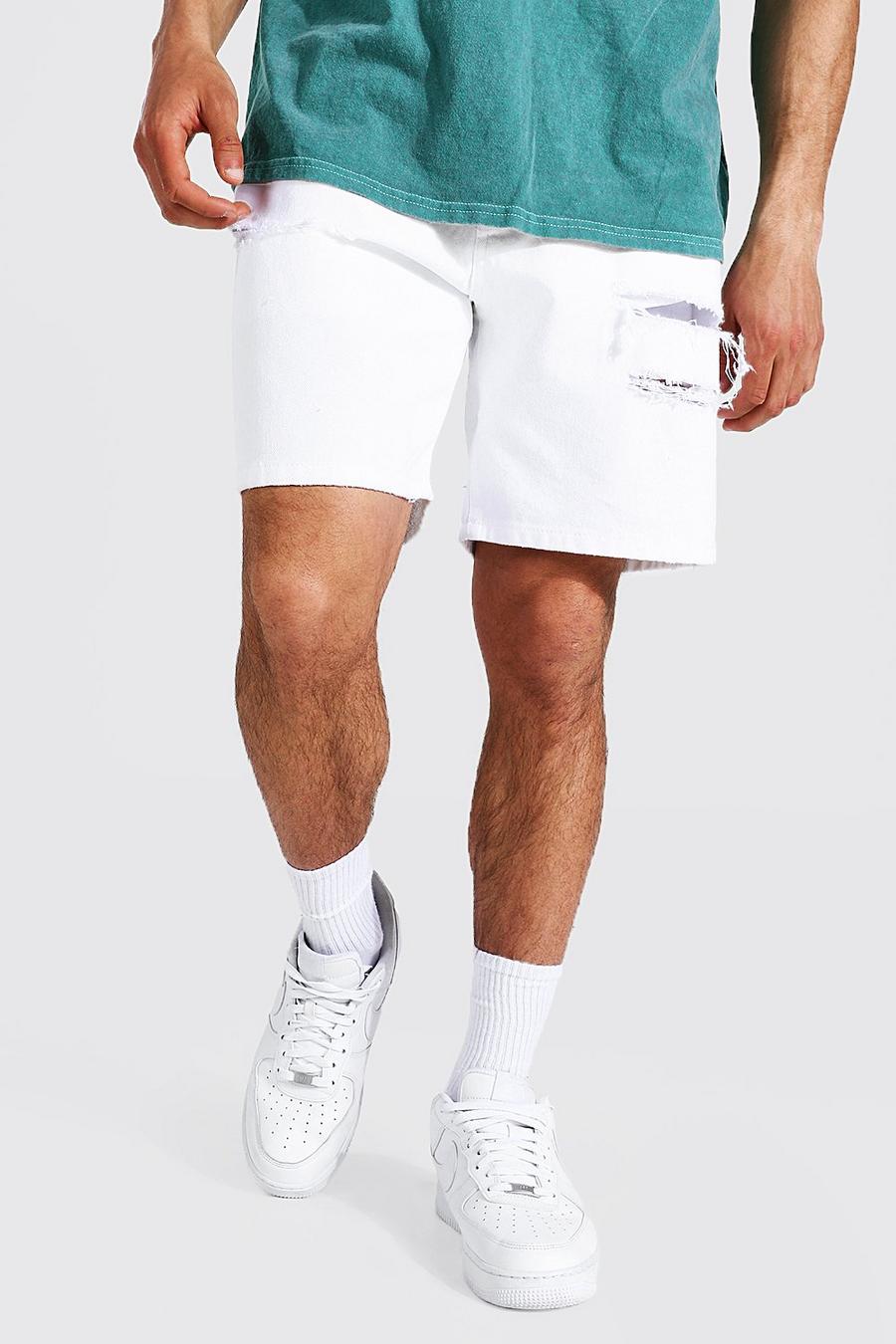 White blanc Relaxed Fit Slashed Denim Shorts