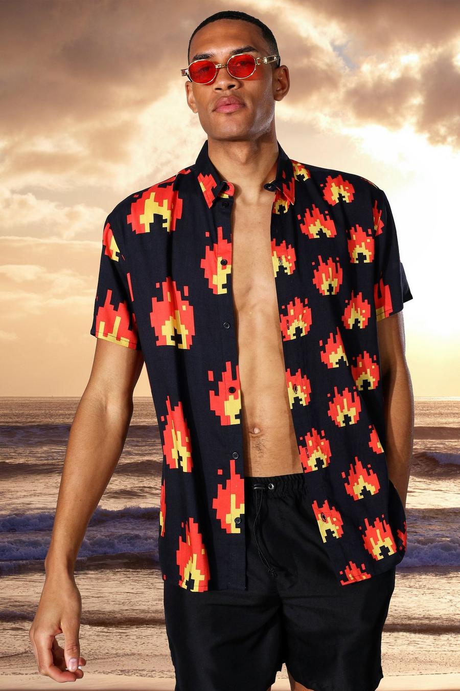 Black Tall Oversized Short Sleeve Flame Shirt image number 1