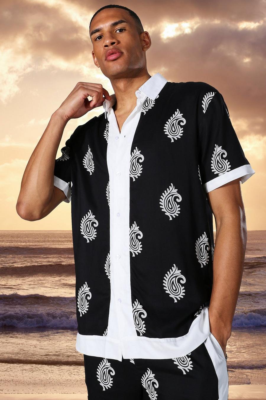 Black Tall Oversized Short Sleeve Viscose Shirt image number 1