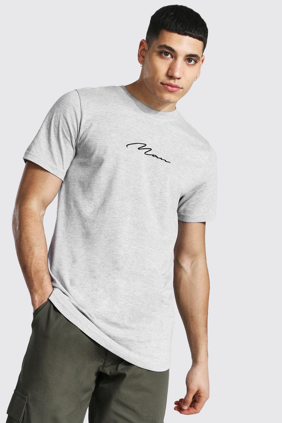 Grey marl Man Signature Lång t-shirt med rundad kant image number 1