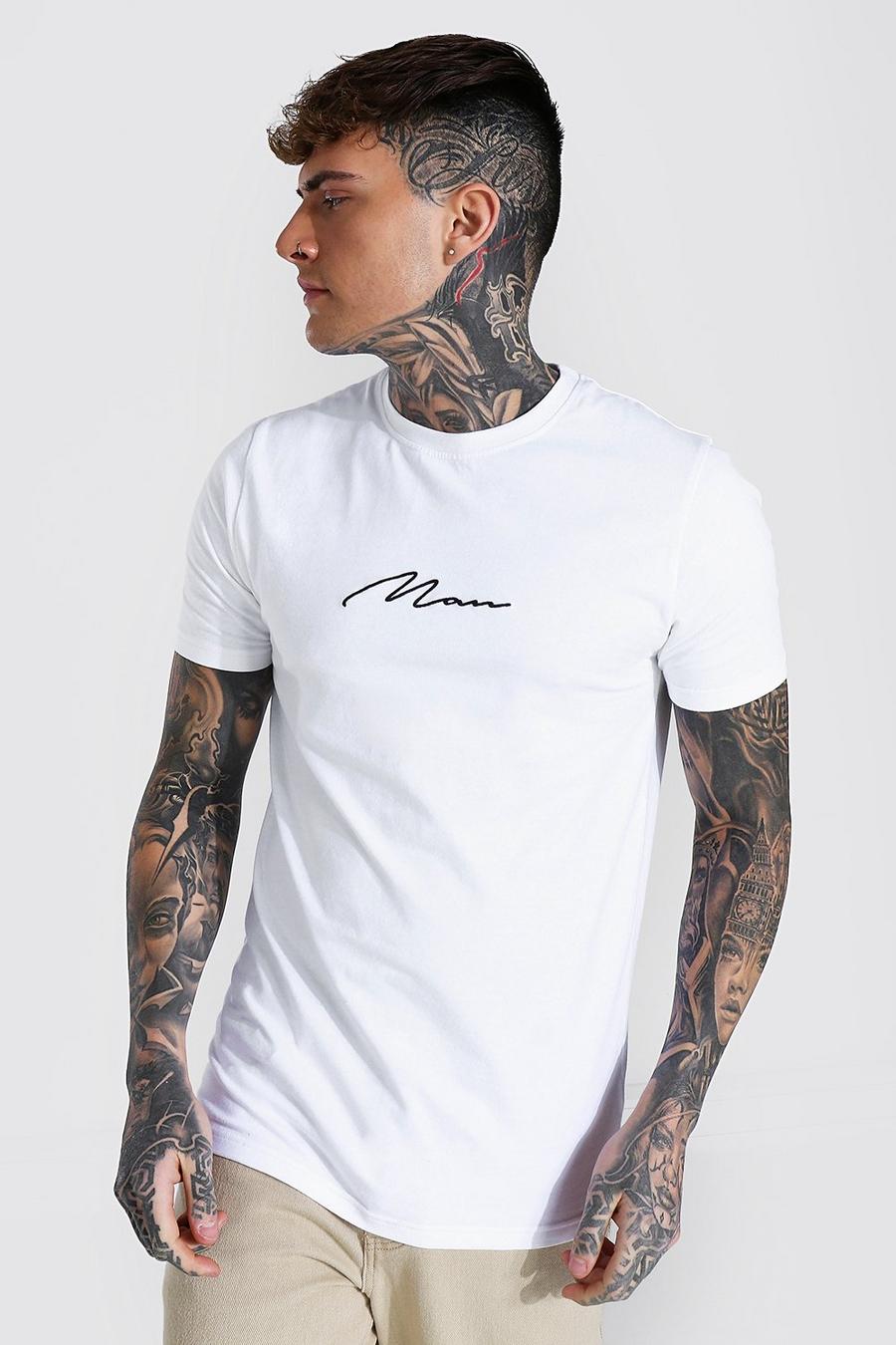 T-shirt sagomata lunga con firma MAN, Bianco image number 1