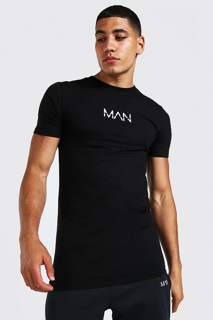 Longline Muscle Fit T-Shirt mit Original Man-Print, Schwarz image number 1