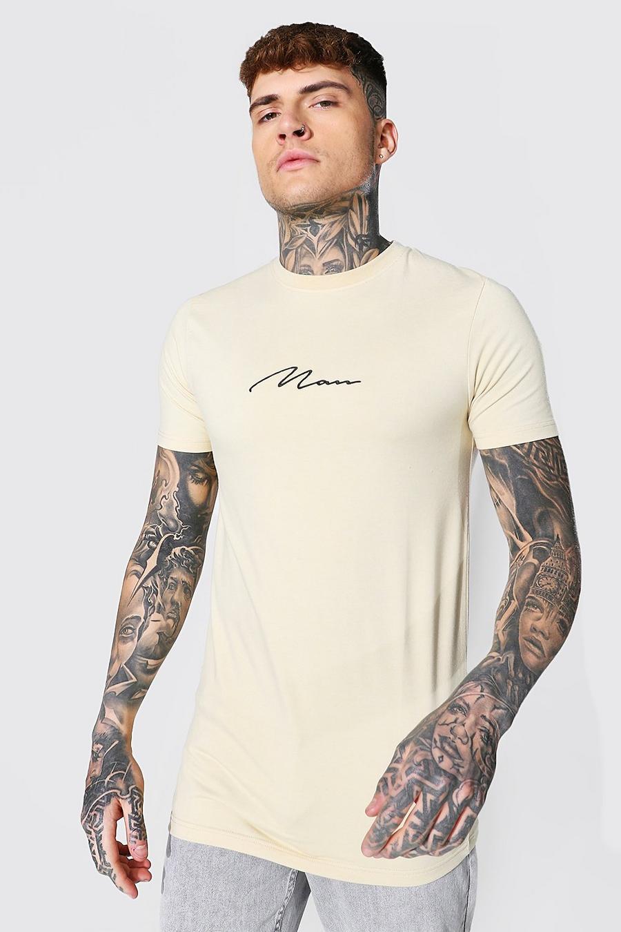 Longline Muscle Fit T-Shirt mit Man-Schriftzug, Sand image number 1